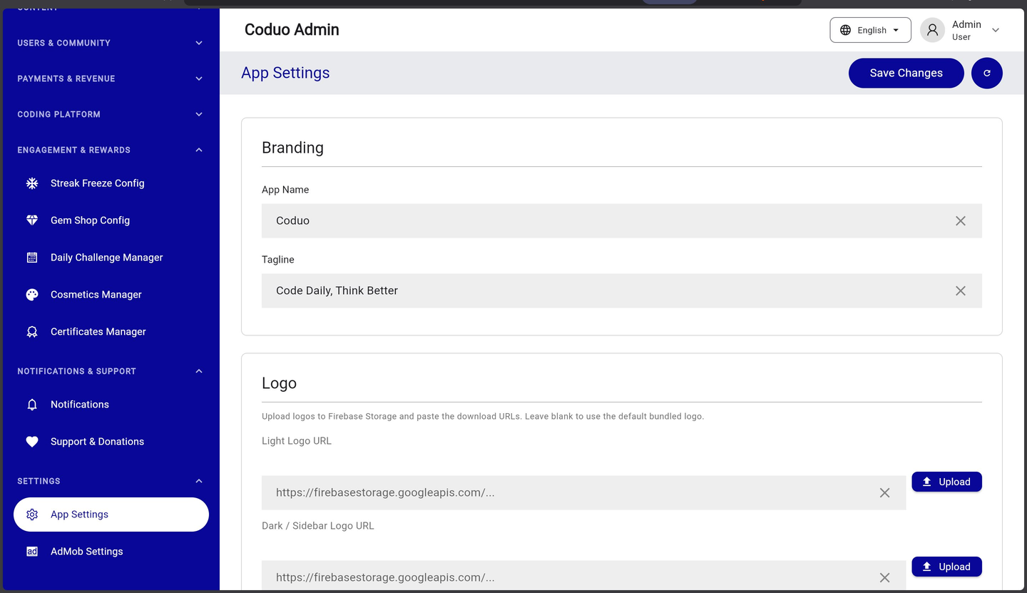 Coduo Admin Panel - App Settings